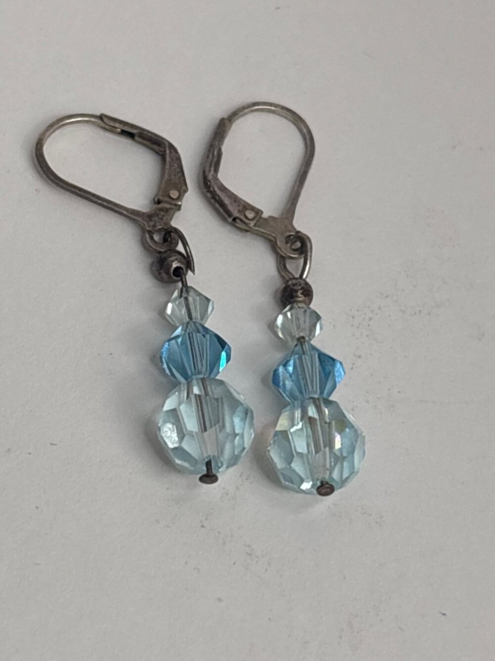 Vintage Light Blue Rhinestone Sterling Dangle Earrings Leverback 925